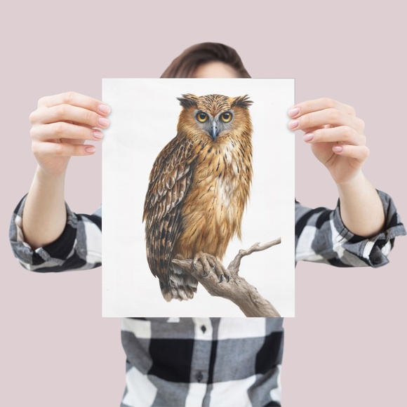 Watercolor Buffy Fish Owl Portrait Wall Art Print Poster, Unframed - Exotic - Picture 4 of 6